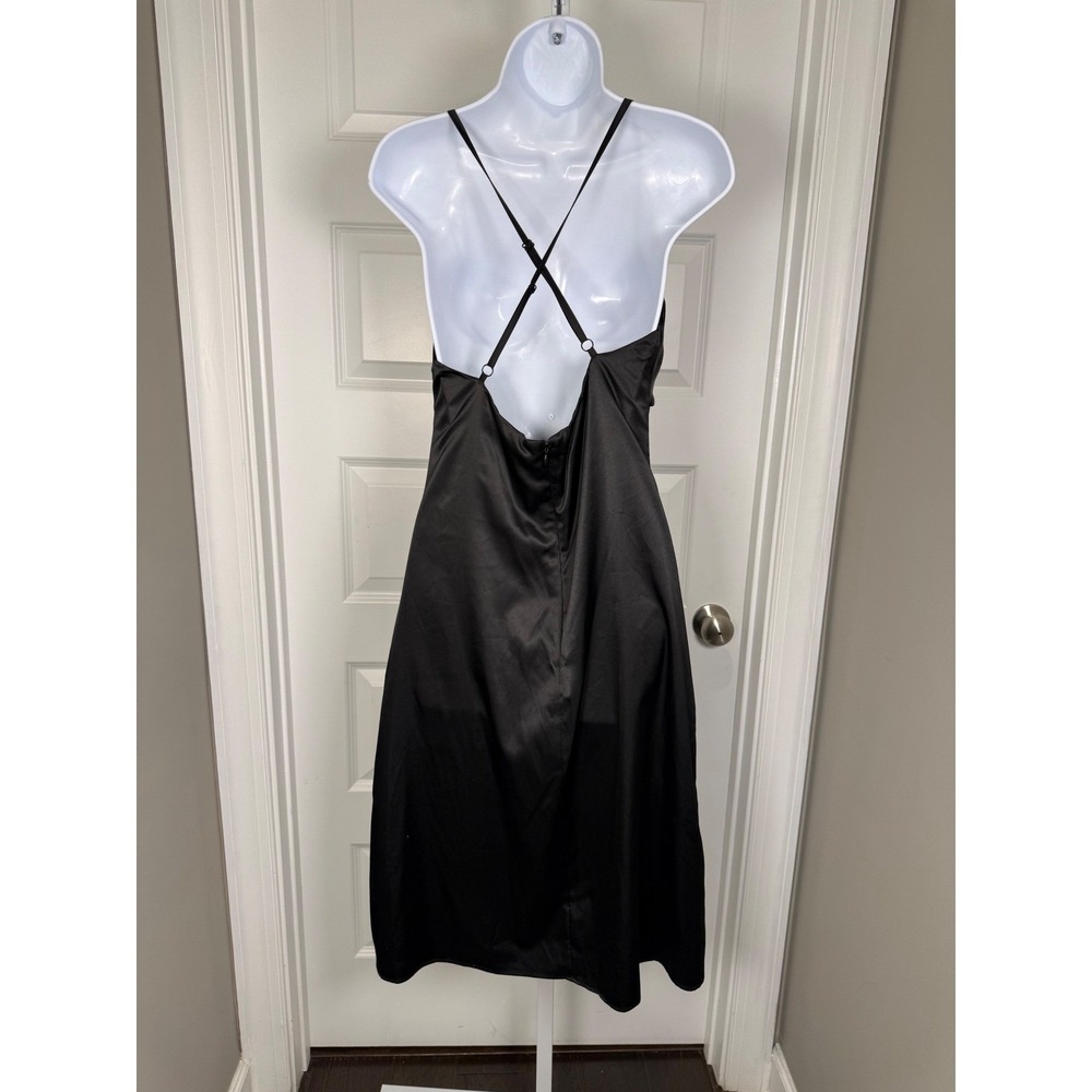 GUESS Lace-Trim Slip Dress Black Satin Midi Y2K Minimalist Wedding Guest - Picture 5 of 8